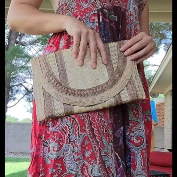 Wicker hand purse tropical beach straw woven khaki Hawiiaan bag envelope - Picture 6 of 6